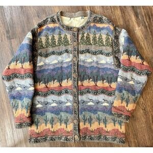 VTG Novelty Sweater Icelandic Design Landscape Button-up Wool Cardigan SM